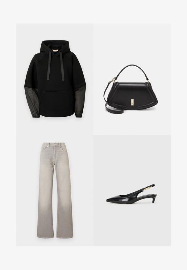 Czarna bluza z kapturem z kieszenią z przodu, ozdobiona satynowymi sznureczkami i przezroczystymi, wzorzystymi rękawami. Miękka tkanina o luźnym kroju.; Szare dżinsy o szerokich nogawkach z wyblakłym wykończeniem, zapięcie na guzik, pięć kieszeni oraz przeszycia wzdłuż szwów.; Czarne skórzane szpilki typu slingback z ostrym noskiem, posiadające smukły obcas i złoty akcent na regulowanym pasku. Gładka tekstura.; Czarna skórzana torebka o strukturalnym designie, z przyciętą formą, górnym uchwytem i złotymi akcentami. W zestawie regulowany pasek na ramię.