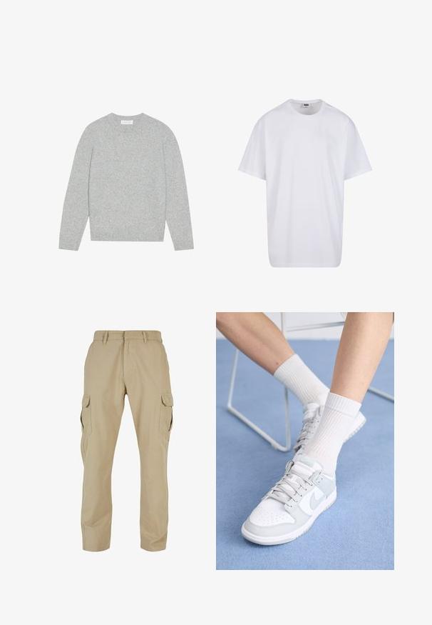 Šviesiai pilkas vilnonių megztinis su apvaliu iškirpimu, ilgomis rankovėmis, ir raštuotais rankogaliais bei apačia. Minkšta tekstūra su solidžiu, minimalistiniu dizainu.; Balta medvilninė marškinėlių užsagėlė su trumpomis rankovėmis, apvaliu kaklu, laisva forma ir be matomų logotipų ar raštų. Lygi tekstūra ir minimalus dizainas.; Bežinės cargo kelnės, pagamintos iš medvilnės tvilo, su keliais šoninėmis kišenėmis, tiesiu kojų dizainu ir užtrauktuko sklende su diržo kilpomis.; Balti sportiniai batai su šviesiai mėlynomis detalėmis, odinė viršutinė dalis, perforuota pirštų dalis, storos raiščiai ir baltiesiems raišteliai prieš mėlyną foną.