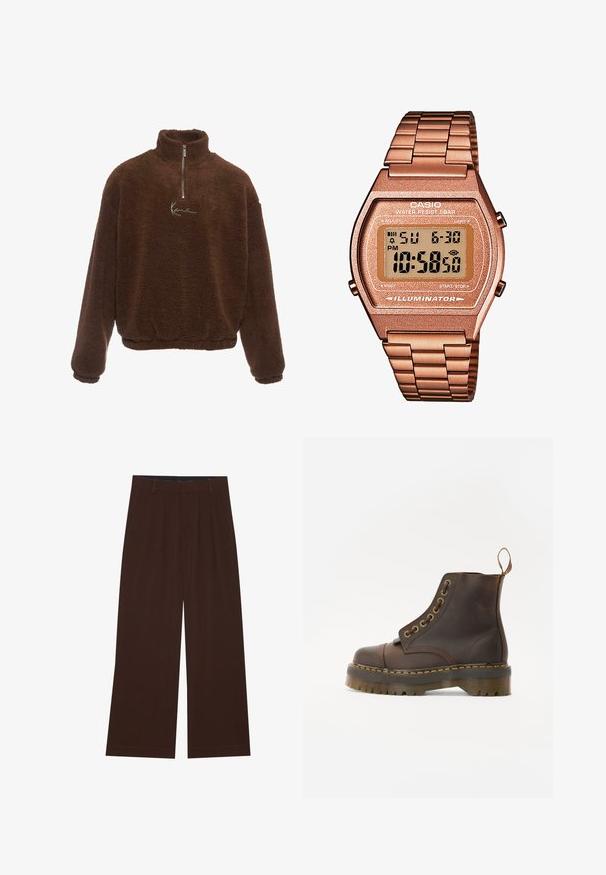 Brūns vilnas džemperis ar augstu apkakli, ar pusceļa rāvējslēdzēju un garām piedurknēm. Uz krūšu ir balts logos. Mīksta, teksturēta audums.; Piecu T-kreklu komplekts melnā, bālganzaļā, bēšā, gaiši purpursarkanā un baltā krāsā. Katram ir apaļa dekoltē un īsas piedurknes, izgatavoti no kokvilnas.; Brūni plaša kāju bikses ar krokām. Izgatavotas no gluda auduma, ar pielāgotu jostas vidi un sānu kabatām. Lietus piegriezums apakšā.; Brūni ādas potītes zābaki ar noapaļotu purngalu, kontrastējošām dzeltenām šuvēm, dekoratīvām metāla acīm un rievotu gumijas zoli.; Digitālais Casio pulkstenis ar rozā zelta metāla siksniņu, taisnstūra korpusu, apgaismotu displeju un ūdensizturību, kas attēlo laiku un datumu.