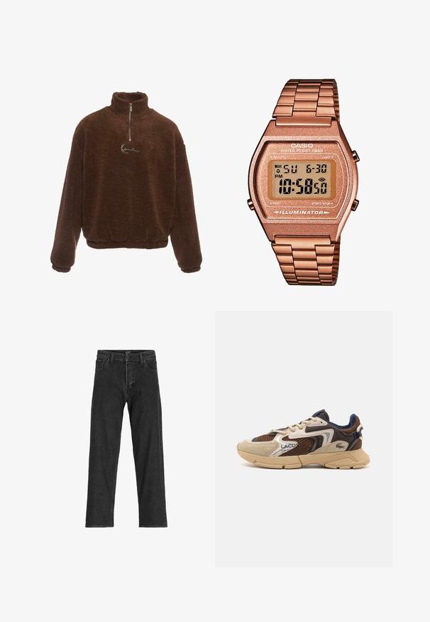 Pruun fliispusa kõrge kraega, pool tõmblukk ees ja pikad varrukad. Rinnal on valge logo. Pehme, tekstuuriga kangas.; Mustad siidist teksad, sirge jalgadega disainiga, tõmbluku ja vöödega, kuue taskuga, valmistatud tugevast puuvilla ja sünteetilise kiu segust.; Beige ja pruun tenniset, millel on tekstuuriga võrgupaneelid, sametised aktsendid ja kummist tald. Omab nöörimise disaini ja bränditud detaile.; Digi Casio kell, roosakullast metallist rihmaga, ristkülikukujuline korpus, valgustatud kuva ja veekindel, näitab kellaaega ja kuupäeva.
