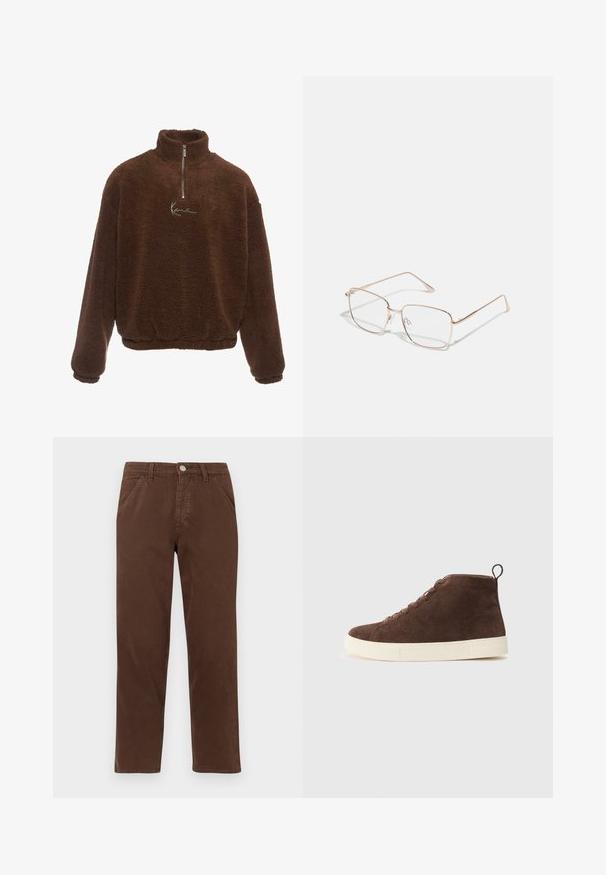 Smešani smeđi flis pulover s visokim ovratnikom, prednjim zatvaračem do pola i dugim rukavima. Na grudima se nalazi bijeli logo. Mekana, teksturirana tkanina.; Smeđe pamučne hlače ravnog kroja, s prednjim džepovima i metalnim zatvaranjem na dugme. Karakteriziraju ih glatka tekstura i minimalistički dizajn.; Smeđe antilopne gležnjače s bijelim gumeni potplat, imaju okrugli vrh, vezanje i petni trak.; pravokutne naočale s tankim okvirima od ružičastog zlata. Leće su prozirne, a krakovi su vitki s suptilnim detaljem zgloba.