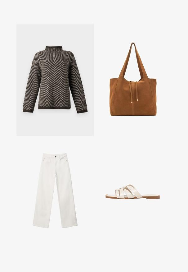 Rjava in bela sv sweaterska z vzorcem črte v črti z dolgimi rokavi in visoko, rahlo prepognjeno ovratnikom na enotnem ozadju.; Beli široki trapezni kavbojke iz denima, ki imajo visok pas, dizajn s petimi žepi in kovinsko zapiranje. Gladka tekstura, brez vzorcev.; Ravne sandale s svetlo rjavim gumijastim podplatom, zasnovane s tremi prekrivajočimi se belimi usnjenimi trakovi in majhnim lokom na sredini.; Rjava semiš torba z dvema dolgima ročajema, z vrvico za zapiranje in minimalističnim dizajnom. Gladka tekstura in brez vidnih kovinskih dodatkov.