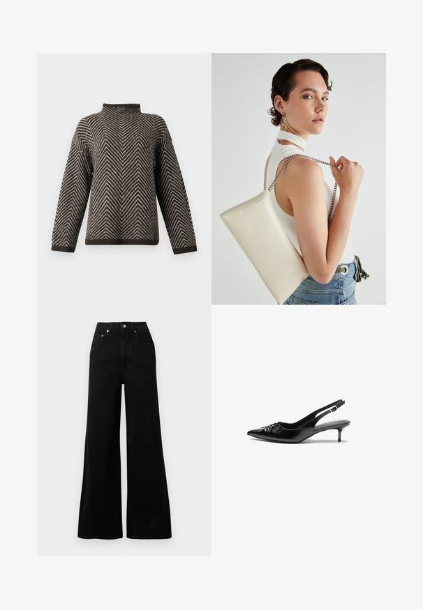 Ruskea ja valkoinen chevron-kuvioinen neulepaita, jossa on pitkät hihat ja korkea, hieman taitettu kaulus yksinkertaisella taustalla.; Musta leveälahkeiset farkut, valmistettu denimistä, joissa on korkeavyötärö, viisi taskua, edessä nappikiinnitys ja vähäiset ompeludetaljit.; Mustat nahkaiset slingback-korkokengät, joissa on terävä kärki, pieni kitten-korko ja koristeellinen solki edessä. Yksinkertainen pinta kauttaaltaan.; Valkoinen suorakulmainen clutch-laukku, joka on valmistettu kiiltävästä materiaalista ja jossa on hopeinen ketjuolkahihna. Malli poseeraa laukku käsivarsillaan yksinkertaista taustaa vasten.