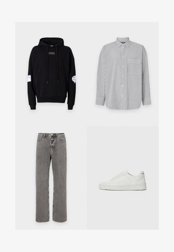 Sweatshirt à capuche noir en mélange de coton, doté d'une poche avant, de cordons de serrage, d'un patch logo ICEBERG et de détails graphiques sur la manche.; Chemise rayée boutonnée en noir et blanc, dotée de manches longues, d'un col classique et d'une poche poitrine avec des rayures horizontales.; Jean en denim gris avec une coupe droite, un design à cinq poches et une fermeture à bouton au niveau de la taille. Texture légèrement délavée sur l'ensemble.; Baskets en cuir blanc avec une finition lisse, bout arrondi, lacets plats et semelle texturée. Présente un logo discret sur le talon.