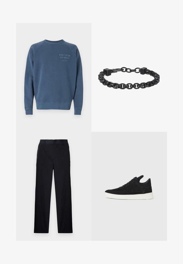 Sudadera azul de cuello redondo hecha de una mezcla de algodón. Presenta puños y dobladillo de canalé, con texto bordado en el pecho. Diseño sencillo.; Pantalones negros con una tela ligera y texturizada, diseño de pierna recta, cinturilla elástica y bolsillos laterales con cremallera.; Zapatilla de ante negra con suela de goma blanca, que presenta costuras en el mismo tono y un diseño de cordones. Textura suave con una forma moderna y aerodinámica.; Pulsera de cadena de metal negro con eslabones interconectados, acentos cuadrados y una textura suave. Diseño ajustable para un mejor ajuste.