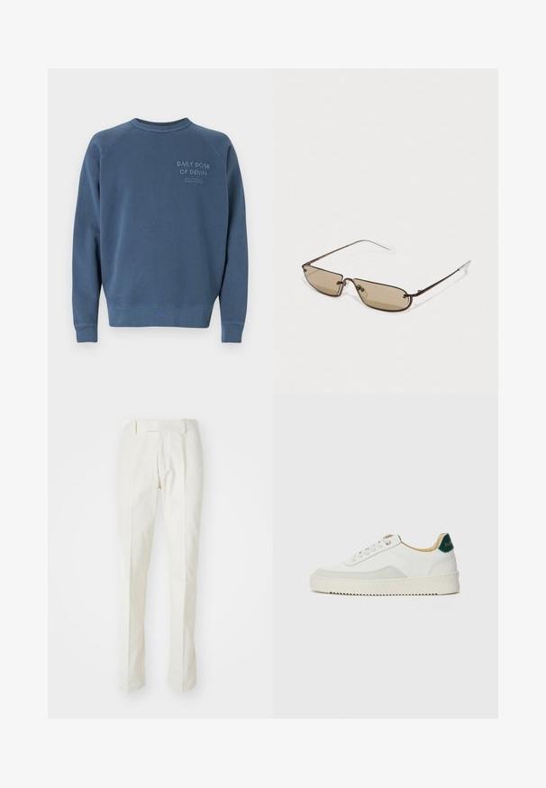 Kék kereknyakú pulóver, pamutkeverékből készült. Ribbelt mandzsettákkal és szegéllyel rendelkezik, hímzett szöveggel a mellrészen. Egyszerű dizájn.; Fehér, pamut anyagú nadrág, egyenes szabással, lapos elülső résszel, és nincs rajta látható minta vagy fém kiegészítő. Simaszövet.; Fehér sneaker suédé részletekkel, kerek orral, lapos fűzőkkel és krémszínű gumitalppal. Zöld logó található a sarkán.; Barna fém téglalap alakú napszemüveg barna tónusú lencsékkel és vékony, áttetsző templom végekkel, minimalista dizájnnal és visszafogott márkázással.