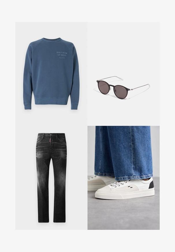 Sweatshirt azul de gola redonda feito de um tecido misto de algodão. Apresenta punhos e bainha canelados, com texto bordado no peito. Design simples.; Jeans de denim preto com um corte reto. Apresentam áreas desbotadas, ligeira degradação, design clássico de cinco bolsos e um fecho de botão.; Sapatilhas brancas e pretas com um upper de couro suave, detalhes texturizados e uma sola branca grossa. Apresenta um design clássico de atacadores.; Óculos de sol redondos pretos com lentes escuras e hastes metálicas finas. Inclui pontas de templo transparentes e detalhes em prata na dobradiça. Design minimalista.