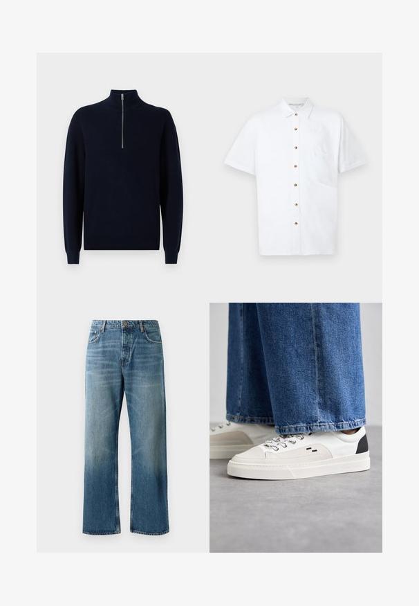 Pulover tricotat bleu marin cu guler înalt și fermoar pe un sfert. Textură pătrată pe mâneci și corp, având un croi lejer și un tiv standard.; Cămașă albă cu mânecă scurtă din in, având închidere cu nasturi pe față, un buzunar pe piept și nasturi din lemn pentru accente.; Jeans largi de culoare albastru deschis, cu o spălare estompată, având închidere cu un singur buton, cinci buzunare și cusături contrastante.; Adidași albi și negri, cu un superior din piele netedă, accente texturate și o talpă albă groasă. Prezintă un design clasic cu șireturi.