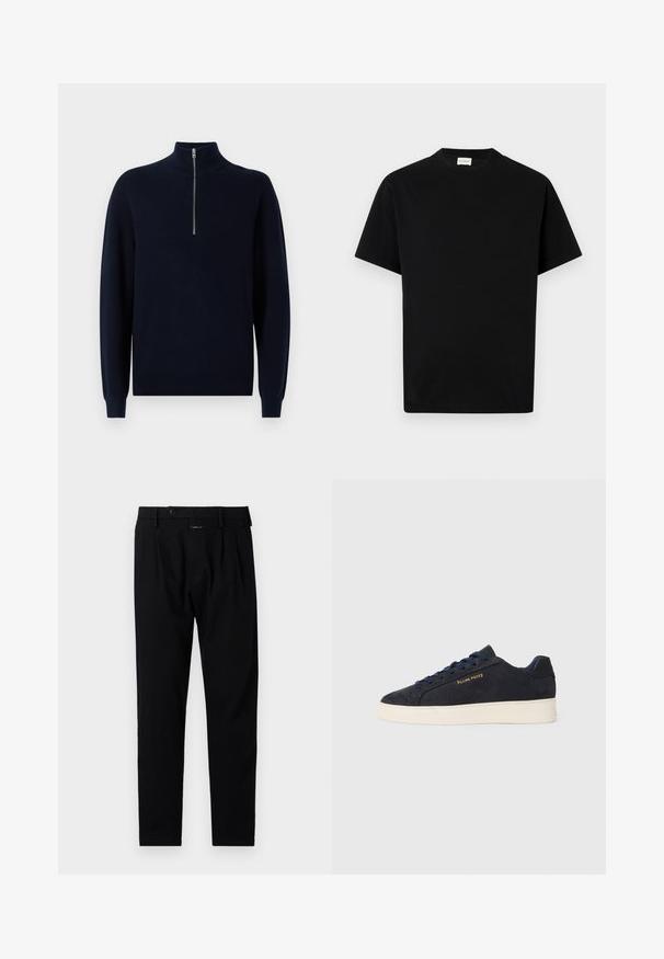 Tumesinine kootud poolkampsun kõrge krae ja veerandi pika tõmbega. Varrukatel ja kehal on ribakujuline tekstuur, esitleb lõdva istuvuse ja tavalise ääre.; Must värvi puuvillane T-särk ümarate kaelustega, lühikeste varrukatega ja sirge lõikega. Ilma nähtavate mustrite või riistade detailideta.; Mustad püksid, millel on kohandatud lõige, lamedad esiosad, ühe plekiga ja nööbiga kinni. Valmistatud siledast kangast, sobivad ametlikuks kandmiseks.; Tumedat sinine seemisnahast madala profiiliga tennis, valge tossutald, tumesinised paelad ning küljes kuldne "Filling Pieces" logo.