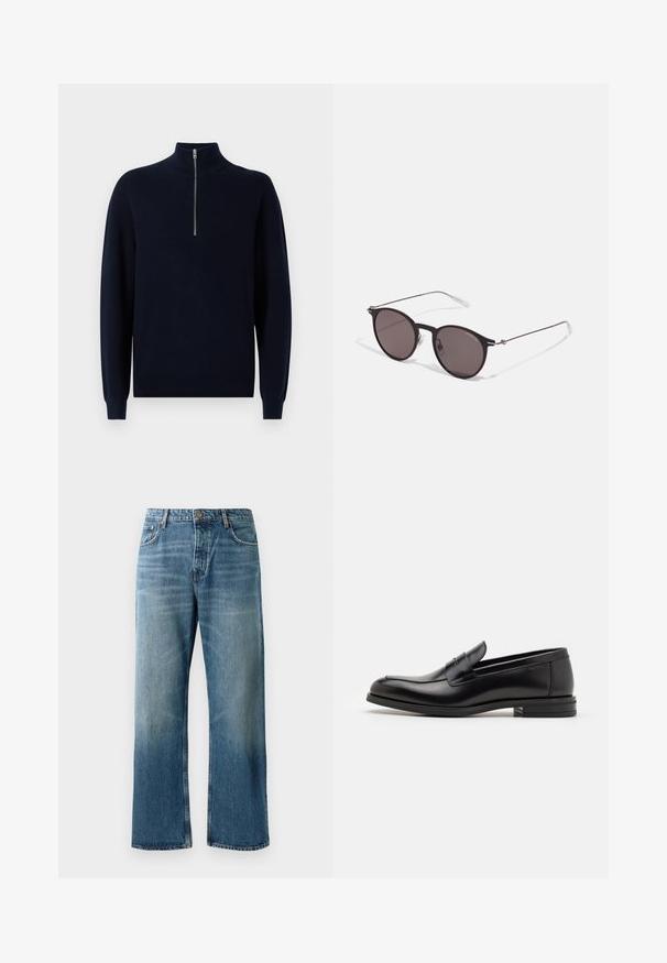 Granatowy sweter z dzianiny z wysokim kołnierzem i ćwierć zamkiem. Żebrowana struktura na rękawach i korpusie, z luźnym krojem i standardowym dołem.; Jasnoniebieskie spodnie dżinsowe z szerokimi nogawkami i wyblakłym odcieniem, z zapięciem na pojedynczy guzik, pięcioma kieszeniami i kontrastowym przeszyciem.; Czarne skórzane mokasyny o gładkiej fakturze, zaokrąglonym nosku i dekoracyjnym pasku na przodzie. Niski, warstwowy obcas, minimalistyczny design.; Czarne okrągłe okulary przeciwsłoneczne z ciemnymi soczewkami i smukłymi metalowymi ramkami. Zawierają przezroczyste końcówki zauszników oraz srebrne akcenty przy zawiasie. Minimalistyczny design.