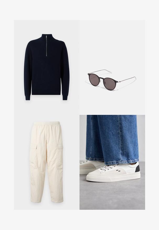 Granatowy sweter z dzianiny z wysokim kołnierzem i ćwierć zamkiem. Żebrowana struktura na rękawach i korpusie, z luźnym krojem i standardowym dołem.; Beżowe spodnie cargo z elastycznym pasem, wyposażone w dwie boczne kieszenie oraz miękki, lekki materiał. Zmarszczona tekstura.; Białe i czarne sneakersy z gładką skórzaną cholewką, teksturowanymi akcentami oraz masywną białą podeszwą. Posiadają klasyczny system sznurowania.; Czarne okrągłe okulary przeciwsłoneczne z ciemnymi soczewkami i smukłymi metalowymi ramkami. Zawierają przezroczyste końcówki zauszników oraz srebrne akcenty przy zawiasie. Minimalistyczny design.