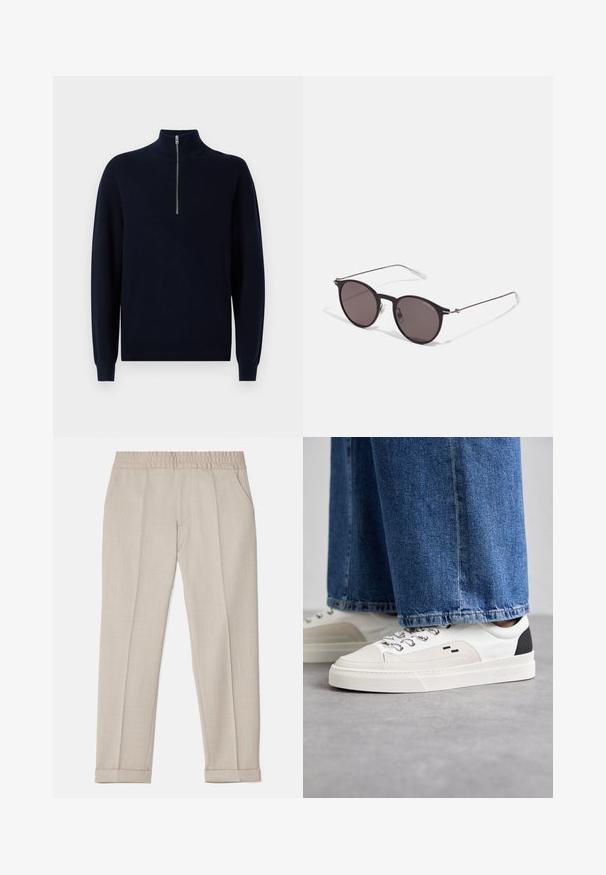 Marineblå strikkegenser med høy krage og kvart glidelås. Ribbestruktur på ermer og kropp, med en avslappet passform og standard kant.; Filippa K TERRY CROPPED TROUSERS - Bukse - sage melange; Hvite og svarte joggesko med en glatt læroverdel, teksturerte detaljer og en kraftig hvit såle. Har en klassisk snøring.; Sorte, runde solbriller med mørke linser og slanke metalarmer. Inkluderer klare temple tips og sølvfargede detaljer ved hengslet. Minimalistisk design.