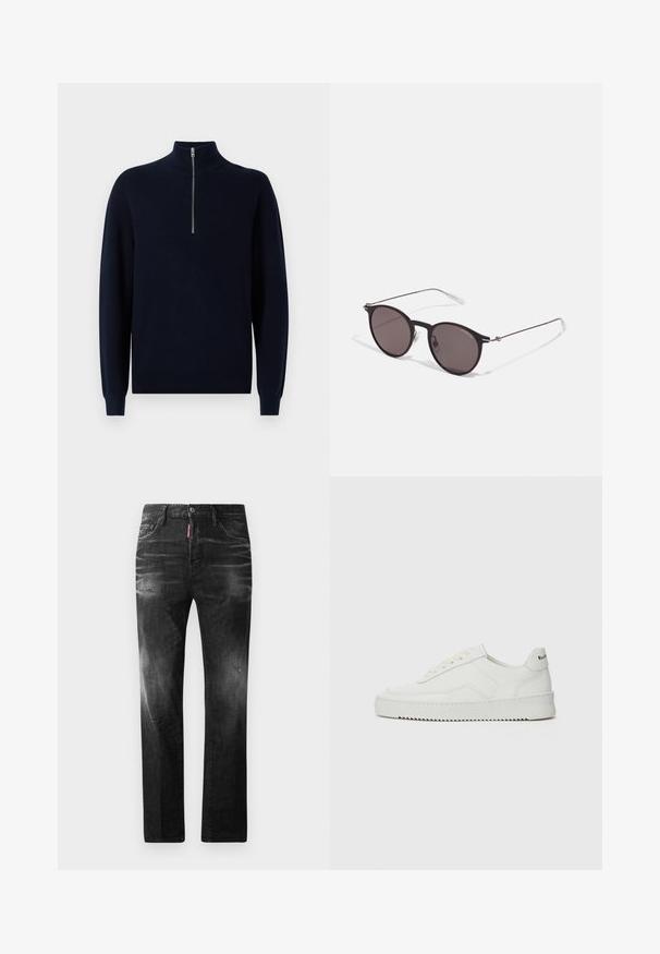 Mörkblå stickad tröja med hög krage och kvartslång dragkedja. Ribbad textur på ärmar och kropp, med avslappnad passform och standardlängd på fållen.; Svarta denimjeans med rak passform. Har blekta områden, mindre slitningar, klassisk femficksdesign och knäppning med knapp.; Vita lädersneakers med en jämn yta, rund tå, platta snörningar och en strukturerad sula. Har en diskret logotyp på hälen.; Svarta runda solglasögon med mörka linser och smala metallarmar. Inkluderar klara tempeltips och silverdetaljer vid gångjärnet. Minimalistisk design.