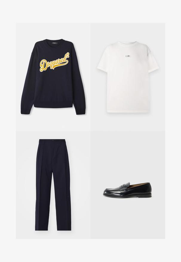 Pull marine en tissu doux, orné d'un grand logo brodé "Dsquared²" jaune sur le devant, avec col, poignets et ourlet côtes.; T-shirt en coton blanc avec une petite étiquette imprimée au centre. Manches courtes et coupe décontractée avec une texture lisse.; Pantalon bleu marine, ajusté, avec une coupe droite, des plis à l'avant, fermeture à bouton et sans poches visibles. Texture de tissu lisse.; Mocassins en cuir noirs avec une finition lisse, bout arrondi, couture décorative et un petit accent métallique à l'avant.