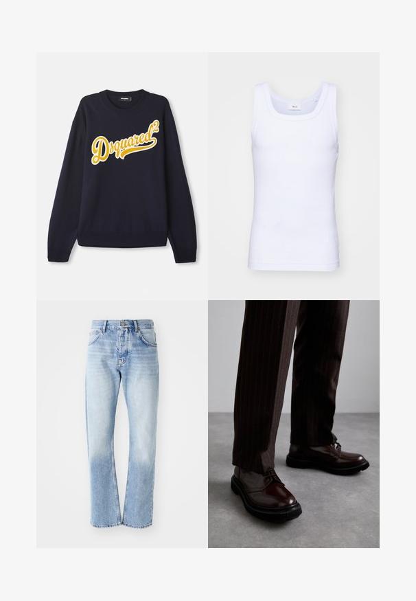 Mornarica pulover od mekog materijala, s velikim žutim izvezenim logotipom "Dsquared²" na prednjoj strani, rebrastim ovratnikom, manžetama i donjim rubom.; Bijela pamučna bezrukavna majica s okruglim izrezom, s glatkom teksturom i prilagođenim oblikom, dizajnirana za ležerno nošenje.; Svijetloplave traperice ravnog kroja. Imaju dizajn s pet džepova, dugmasti patent zatvarač i izblijedjelu teksturu prema dnu.; Smeđe kožne cipele s vezicama i sjajnim finišom, crna gumena potplata i suptilno šivanje. Nosene s smešanim smešnim smeškom smešnim smeškom.