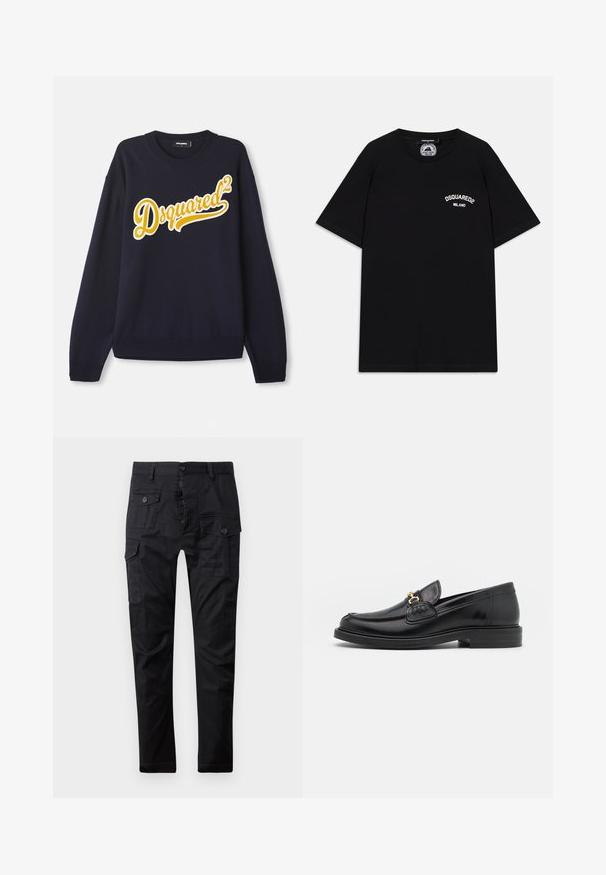 Jūras spēku svīteri, kas izgatavots no mīkstas auduma, ar lielu dzeltenu izšūtu "Dsquared²" logo priekšpusē, ar ribotām apkakli, aprocēm un apakšmalu.; Melnas kokvilnas T-krekls ar īsām piedurknēm, ar baltu "DSQUARED2 MILANO" logo uz krūšu. Apaļas kakla izgriezums, gluda tekstūra.; Melnas kravas bikses, izgatavotas no izturīga auduma, ar daudzām kabatām, pogu jostu un taisnu kāju dizainu. Gluda tekstūra un matēta apdare.; Melnas ādas loafers ar noapaļotu degunu, ar zelta aparatūras akcentu un šuvju detaļām, uz zemas, teksturētas gumijas zoles.