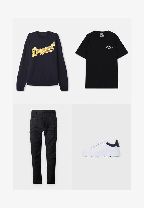 Mornarica pulover od mekog materijala, s velikim žutim izvezenim logotipom "Dsquared²" na prednjoj strani, rebrastim ovratnikom, manžetama i donjim rubom.; Crna pamučna majica s kratkim rukavima, s bijelim logotipom "DSQUARED2 MILANO" na prsima. Okrugli izrez, glatka tekstura.; Crne cargo hlače izrađene od izdržljivog materijala, s višestrukim džepovima, dugmetom za zatvaranje i ravnim krojem. Glatka tekstura i mat završna obrada.; Bijele tenisice s mornarskim naglascima, s glatkom površinom, okruglim prstom i podignutim potplatom, s detaljima logotipa sa strane.