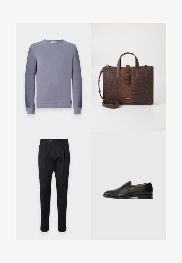 Sweatshirt léger gris clair à col rond, fabriqué en tissu doux. Il présente des manches longues et des poignets côtelés, avec un design simple et épuré.; Pantalons noirs en tissu lisse, avec un pli à l'avant, une fermeture à bouton et des ourlets roulés à la cheville.; Mocassin en cuir noir avec un bout arrondi, des coutures subtiles et un talon bas, présentant une texture lisse et un design minimaliste.; Sac à main en cuir embossé crocodile marron avec des poignées supérieures et une bandoulière amovible. Présente une fermeture à boucle et une forme rectangulaire.