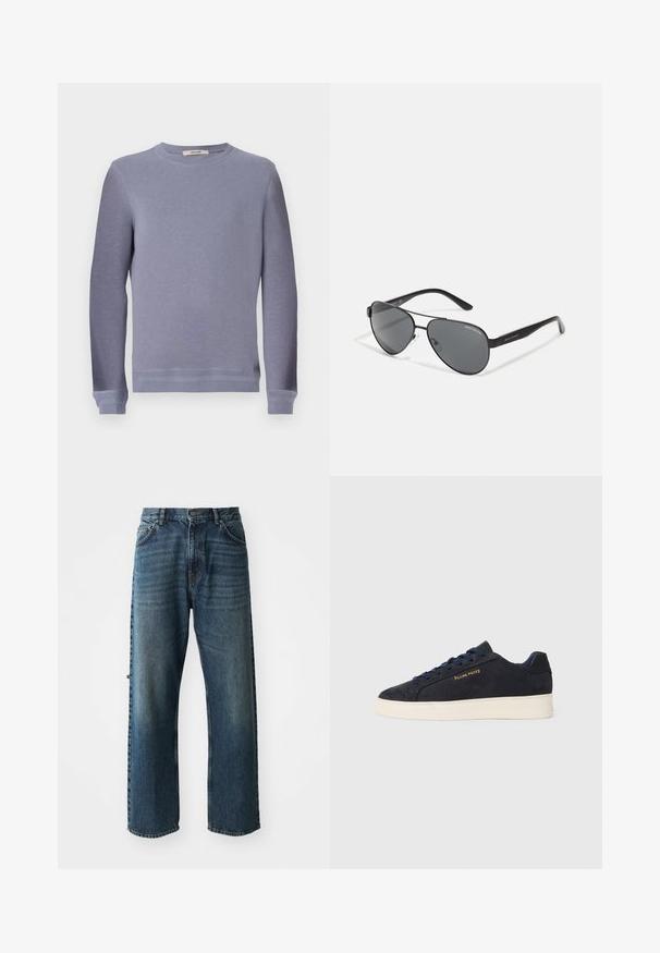 Svetlošedá mikina s okrúhlym výstrihom vyrobená z mäkkej tkaniny. Má dlhé rukávy a elastické manžety, s jednoduchým a čistým dizajnom.; NN.07 OTIS - Džínsy s rovným strihom - stonewashed; Námornícky modré semišové nízke tenisky s bielou podrážkou, námorníckymi šnúrami a zlatým logom "Filling Pieces" na boku.; Čierne aviator slnečné okuliare s tmavými sklami, tenkým kovovým rámom a štíhlymi plastovými stranami so zdobením loga.