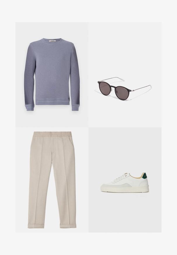 Světle šedý triko se širokým krkem vyrobené z měkké tkaniny. Má dlouhé rukávy a žebrované manžety, s jednoduchým a clean designem.; Filippa K TERRY CROPPED TROUSERS - Kalhoty - sage melange; Bílé tenisky se semišovými prvky, kulatou špičkou, plochými tkaničkami a krémovou gumovou podrážkou. Na patě mají zelené logo.; Černé kulaté sluneční brýle s tmavými skly a tenkými kovovými nohami. Obsahují průhledné koncovky nožiček a stříbrné akcenty na pantu. Minimalistický design.