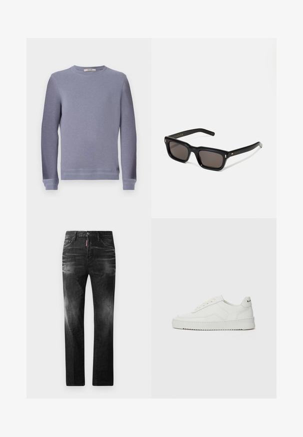Light gray crew-neck sweatshirt made from soft fabric. Features long sleeves and ribbed cuffs, with a simple, clean design.; Black denim jeans with a straight fit. Features faded areas, minor distressing, classic five-pocket design, and a button closure.; White leather sneaker with a smooth finish, round toe, flat laces, and a textured sole. Features a subtle logo on the heel.; Black rectangular sunglasses with dark lenses, thick plastic frame, gold accents on temples, and brand logo engraved on the arm.