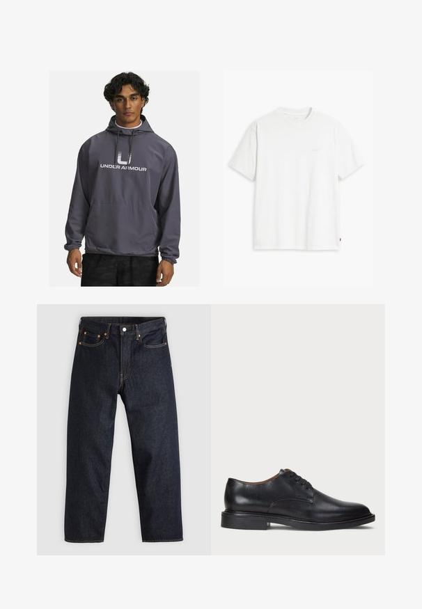 Grå Under Armour hoodie med framficka, justerbar huva och elastiska manschetter. Har en vit logotyp tryckt på bröstet. Slät textur.; Vit bomulls t-shirt med korta ärmar, rundad halsringning och subtil Levi's-logotyp tryckt i mitten. Mjuk textur och standard passform.; Mörkblå denimjeans med rak passform, fem fickor, kontrasterande orange sömmar och knappgylf. Inga synliga mönster eller dekorationer.; Svart läderklänningsko med rund tå, snörning och låg staplad klack. Slät yta med minimala sömdetaljer.