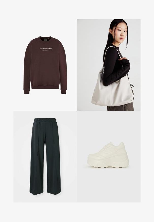 Brun sweatshirt med rund hals, långa ärmar och ribbad mudd. Framlogo med texten "Aim'n Sportswear Sweden New Zealand 2013."; Svarta, vida idrottsbyxor med resårmidja. Tillverkade av ett slätt, stretchigt tyg som har diskreta framsömmar och inga fickor.; Vita plattformssneakers med en slät läderliknande överdel, rundad form, vadderad krage och texturerad gummisula med definierade mönster.; Beige handväska tillverkad av mjukt material, med en avslappnad design, sydda detaljer och två axelremmar. Lämplig för dagligt bruk.