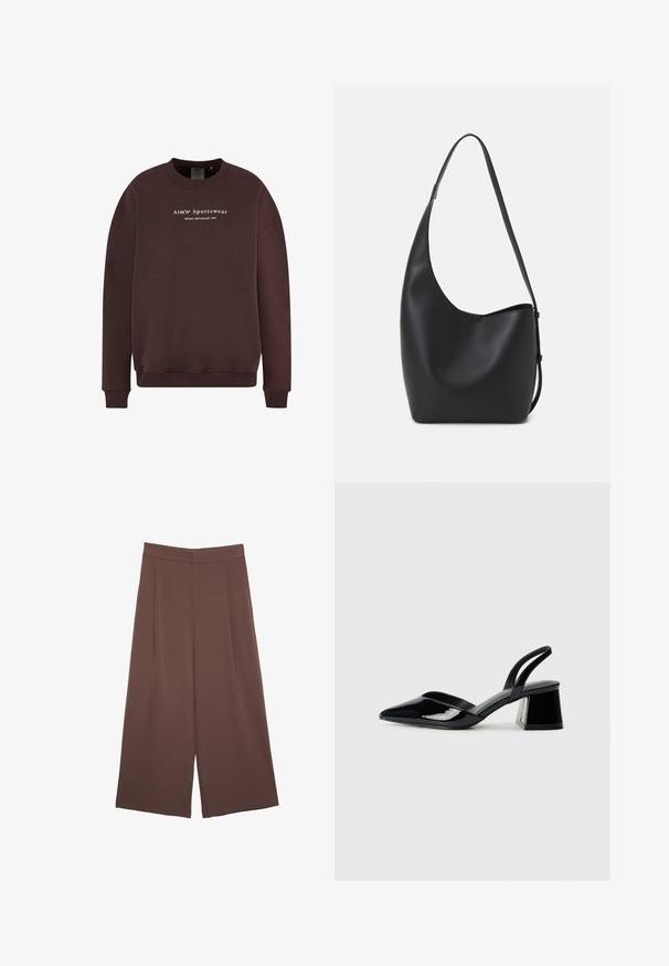 Brązowa bluza z długim rękawem i okrągłym dekoltem, z ryflowanymi mankietami. Na przedniej stronie znajduje się napis "Aim'n Sportswear Sweden New Zealand 2013".; Brązowe spodnie o szerokich nogawkach z gładką fakturą, z wysokim stanem i plisami z przodu. Materiał jest lekki i luźno opada.; Czarne lakierowane półbuty na obcasie z wydłużonym noskiem i geometrycznym słupkiem. Charakteryzują się eleganckim, minimalistycznym designem oraz gładką fakturą.; Czarna skórzana torba hobo o gładkiej fakturze, zaokrąglonym kształcie i pojedynczym, regulowanym pasku; posiada szerokie otwarcie na górze.