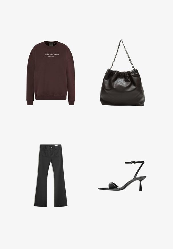 Brun sweatshirt med rund hals, långa ärmar och ribbad mudd. Framlogo med texten "Aim'n Sportswear Sweden New Zealand 2013."; Svarta utsvängda jeans i denim med en jämn textur, med två bakfickor och knäppning vid midjan.; Bershka Sandaletter - black; Brun läderväska med rynkad topp och kedjesnodd. Slät textur med en blankslipad yta och subtila sömdetaljer på sidorna.