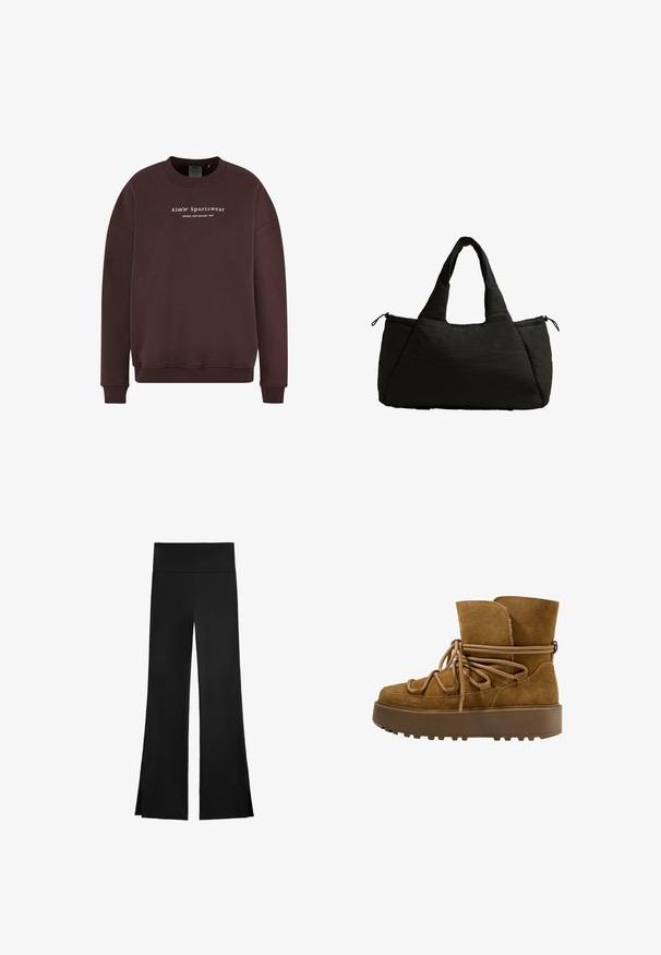 Brown sweatshirt featuring a crew neck, long sleeves, and ribbed cuffs. Front logo text reads "Aim'n Sportswear Sweden New Zealand 2013."; Black pants with a wide-leg design, featuring a high waistband and side slits for ease of movement. Made from a smooth, stretchy fabric.; Brown suede ankle boots with a thick, textured platform sole and lace-up front. Features a folded top and decorative rope accents.; Black tote bag with a puffy texture, featuring two short handles and a side pocket secured with a drawstring. Simple, angular design.