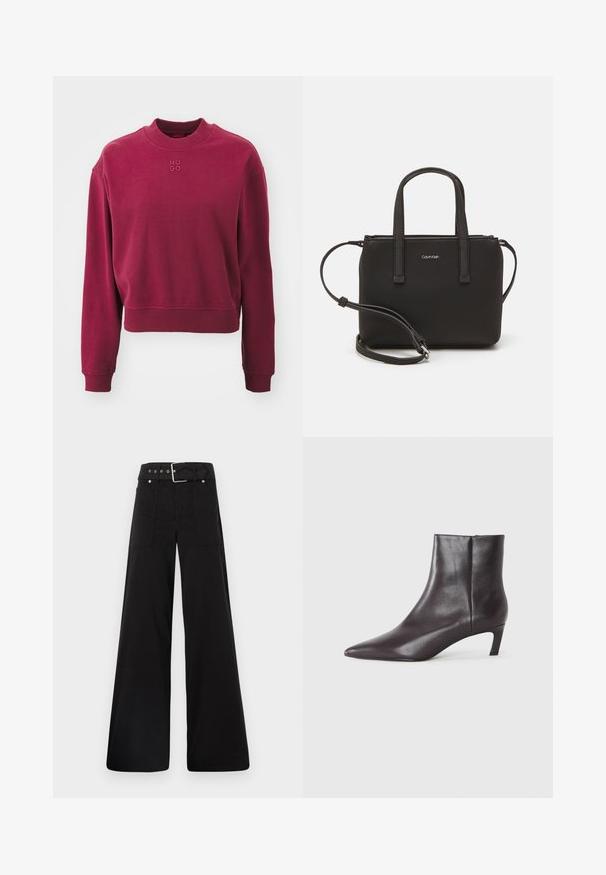 HUGO DAXANDRIA - Mikina - medium red; Čierne nohavice so širokými nohavicami vyrobené z bavlny, s vysokým pásom, veľkými bočnými vreckami a opaskom s prackou so striebornými detailmi.; Čierne kožené členkové topánky s špicatou špičkou a nízkym podpätkom, hladký povrch, bočný zips, zobrazené na neutrálnom pozadí.; Čierna kabelka s dvojitými krátkymi rúčkami a odnímateľným ramenným popruhom. Hladký materiál podobný koži s uzatváraním na zips a detailom loga.