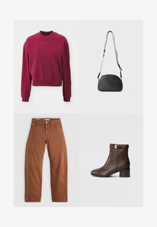 HUGO DAXANDRIA - Sweatshirt - medium red; Rostbrune rett-skaftede jeans med front- og baklommer, metallnitter, knappeåpning og beltehemper, lagt flatt på en hvit bakgrunn.; Brune lær ankle boot med rund tå, lav blokhæl og en dekorativ spænde rem ved anklen. Glat tekstur og elegant design.; Svart lær crossover-veske med avrundet form, to justerbare stropper og en subtil logo på forsiden. Teksturert overflate, minimalistisk design.