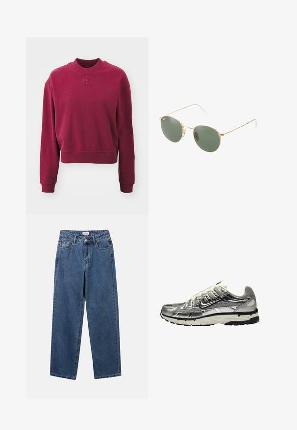 HUGO DAXANDRIA - Collegepaita - medium red; Classiset siniset farkut suoran lahkeen muotoilulla, viidellä taskulla ja napillakaan. Ominaisuudet: keskivahva pesu ja kestävä rakenne.; Hopeinen ja musta urheilujalkine, jossa on verkkokangas- ja synteettinen päällinen, tilava muotoilu ja teksturoitu pinta. Varustettu pehmustetulla nilkkareunalla ja kumipohjalla.; Kultaiset metallikehyiset aurinkolasit, joissa on vihreät linssit, pyöreä muoto, ohuet templet ja valkoiset muoviset korostukset varsien päissä.