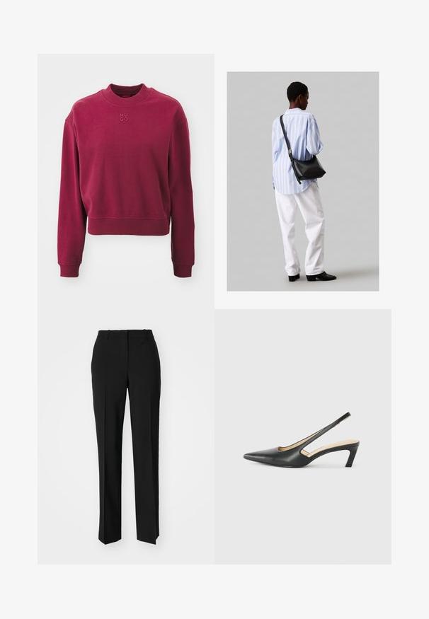 HUGO DAXANDRIA - Melegítőfelső - medium red; Fekete, testhezálló nadrág egyenes szárú kivitelben, sima textúrával és éles redőkkel az elején. Nincs látható fémalkatrész.; Fekete, hegyes orrú, slingback cipő alacsony sarkával, sima bőrből készült, oldalt kivágott deisgnal a légáteresztőképesség érdekében.; Fekete bőr válltáska puha tapintással, háromszög alakú, állítható pánttal, világoskék csíkos inggel és fehér nadrággal párosítva.