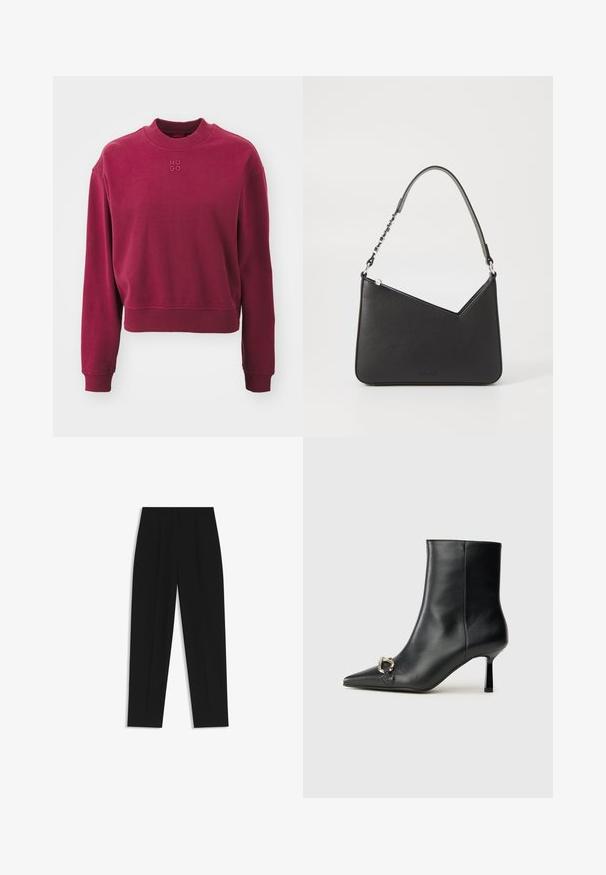 HUGO DAXANDRIA - Felpa - medium red; Pantaloni neri a taglio dritto, con doppie pieghe, una texture liscia e un design classico in vita. Nessun hardware o dettaglio visibile.; Stivale alla caviglia in pelle nera con punta affusolata, tacco sottile di media altezza e dettaglio in fibbia argentata sul lato, su sfondo semplice.; Borsa a mano in pelle nera con forma triangolare, una tracolla sottile e accessori in argento. Presenta una chiusura con zip e un logo impresso sul davanti.