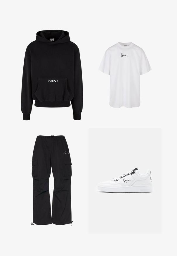 Felpa nera con cappuccio realizzata in misto cotone, dotata di una tasca frontale e la scritta bianca "KANI" sulla tasca. Orlo e polsini a costine.; T-shirt bianca in cotone con scollatura tonda e maniche corte, con un logo ricamato nero centrato sul petto.; Pantaloni cargo neri realizzati in tessuto leggero, dotati di una vita elastica con cordino, tasche laterali e polsini regolabili.; Sneaker bianca in pelle con dettagli neri, caratterizzata da un logo distintivo sul lato, punta rotonda e suola in gomma testurizzata.