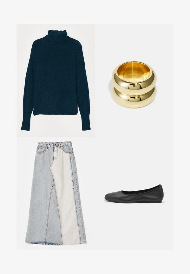 Tumma turkoosi pooloneule, valmistettu pehmeästä, teksturoidusta kankaasta. Pitkät hihat, joissa on ribbineuloksiset hihansuut ja rento istuvuus. Ei kuvioita tai yksityiskohtia.; Hame denim, joka esittelee tilkkutyösuunnittelua vaaleansinisistä ja keskisinisistä osista, repaleisilla helmillä ja korkealla vyötäröllä. Klassinen viisi-taskuinen tyyli.; Musta nahkainen ballerina, jossa on pyöristetty kärki, sileä pinta, minimaalinen ommelkoristelu ja joustava pohjamuotoilu.; Kultasävyinen kaksoissormus, jossa on sileä ja pyöristetty muotoilu. Heijastava pinta, jossa on kiiltävä viimeistely. Sisähalkaisija näkyvissä, korostaen muotoa ja tekstuuria.