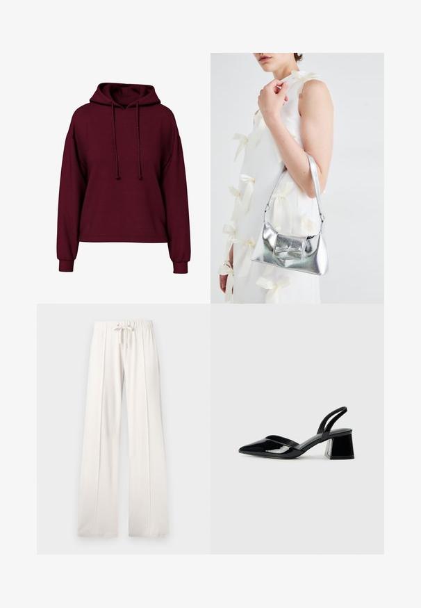 Burgunderfarget hettegenser med lange ermer, frontsnøring, ribbede mansjetter og løs passform.; Lyse beige joggebukser laget av mykt stoff, med snor i livet, vide ben og vertikale sømmer, med en jevn tekstur.; Svarte patentlær slingback hæler med spiss tå og geometrisk blokk hæl. Har et stilrent, minimalistisk design og jevn tekstur.; Sølvmetallisk håndveske med en strukturert form, med en topphåndtak og sløyfedetalj foran. Glatt tekstur, reflekterende overflate.