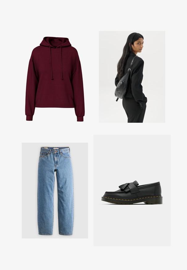 Sweatshirt de manga longa em bordô com cordões na frente, punhos canelados e um corte largo.; Jeans de ganga azul claro com um design de perna reta, cinco bolsos, fecho com zip e uma textura ligeiramente desbotada. Estilo clássico com hardware mínimo.; Mocassins de couro pretos com bico arredondado, apresentando um detalhe de franja e uma faixa decorativa na parte da frente, assentes em um salto robusto.; Mulher com cabelo longo e escuro, vestindo um fato preto, carregando uma mala de ombro em pele preta, olhando por cima do ombro contra um fundo branco.