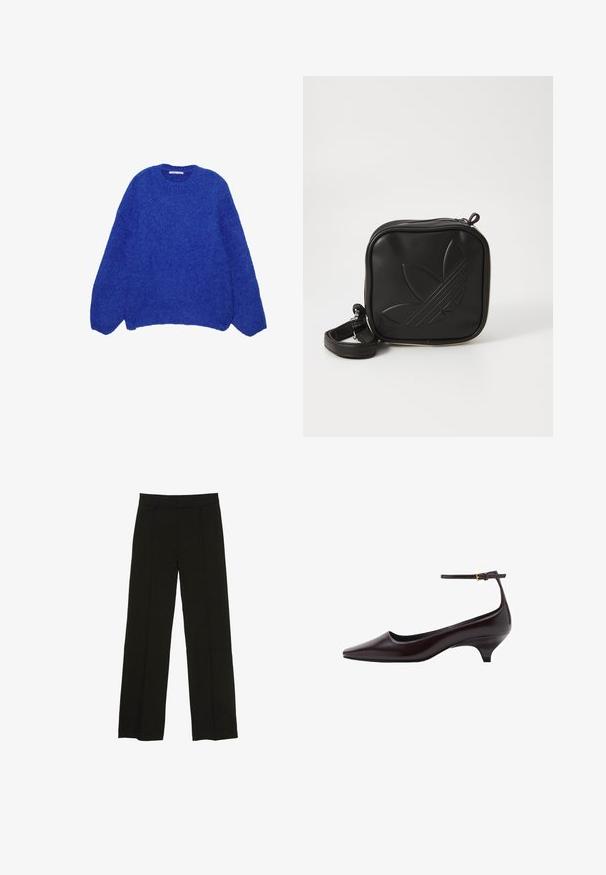 Blauer Strickpullover, runder Ausschnitt, überschnittene Schultern, strukturiertes Wollmaterial und lässige Passform mit langen Ärmeln.; Schwarze weit geschnittene Hosen aus glattem Stoff, ausgestattet mit einem taillierten Bund und dezenten vorderen Falten für zusätzliche Struktur.; Dunkelbraunes, spitz zulaufendes Lederschuh mit Kitten-Heel, dünnem Knöchelriemen und kleiner goldener Schnalle.; Schwarze Umhängetasche aus strukturiertem synthetischem Material. Verfügt über ein eingeprägtes Logodesign und einen verstellbaren Riemen. Mit Reißverschluss geschlossen.