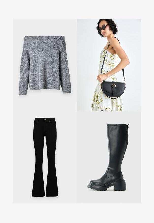 Gray off-the-shoulder sweater made from textured knit material, featuring long sleeves and a relaxed fit.; Black high-waist jeans with a button and zip closure, front pockets, and flared legs laid flat on a white background.; Tall black leather boot with chunky platform sole and block heel, featuring pull tab and textured tread on outsole.; Black leather handbag with a curved shape, detachable strap, and gold hardware. The bag features a flap with a buckle detail.