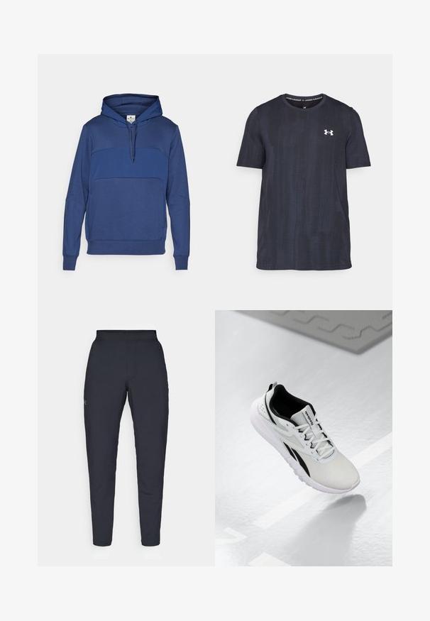 Navyblauwe pullover hoodie van zacht materiaal, met een contrasterend blauw paneel over de borst, een trekkoordkap en ribgebreide manchetten.; Donkerblauwe t-shirt met korte mouwen, gemaakt van ademend materiaal, met een gestructureerd patroon en een wit Under Armour-logo op de borst.; Zwarte sportbroeken met een gladde textuur, slanke pasvorm, elastische tailleband en zijzakken. Bevat een klein logo op het linkerdij.; Lichtgrijze sportschoen met zwarte accenten, textuurmelange bovenwerk, gevoerde zool en vetersluiting. Voorzien van een treklus op de hiel.