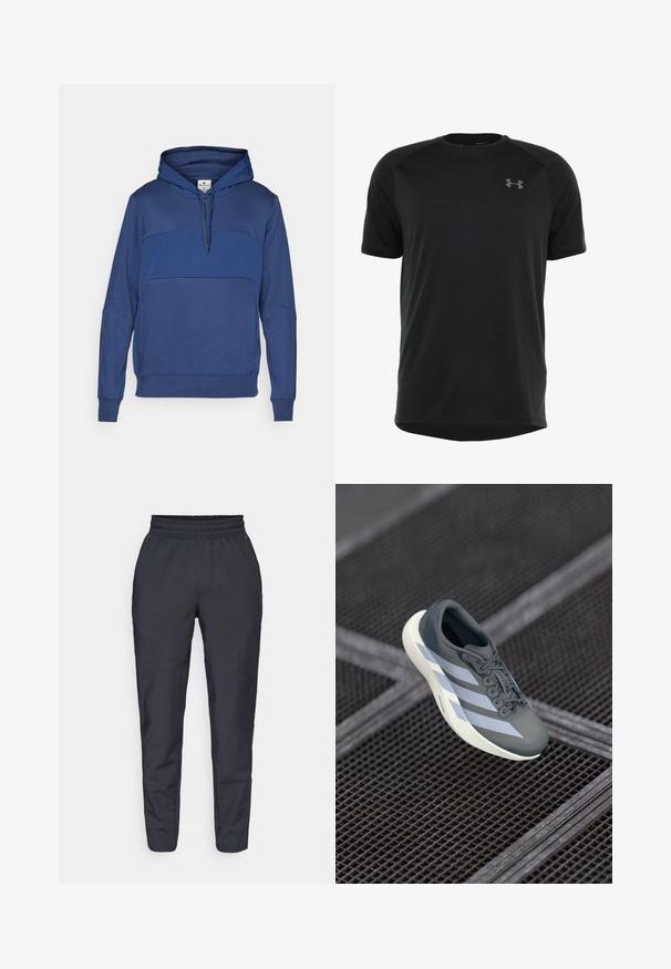 Mørkeblå genser med hette laget av mykt stoff, med en kontrastbånd i blått over brystet, snor i hetten og ribbestrikkede mansjetter.; Svart treningst-skjorte med korte ermer laget av glatt, lett stoff. Har rund halslinning og diskret logo på brystet.; Marinebukser i tapered snit lavet af blødt materiale, med elastisk talje, sidelommer og en glat tekstur med diskrete syninger.; Sportsko leketøy i grått og hvitt, laget av syntetisk materiale, med et strømlinjeformet design, teksturert overflate og fremtredende snøresystem.