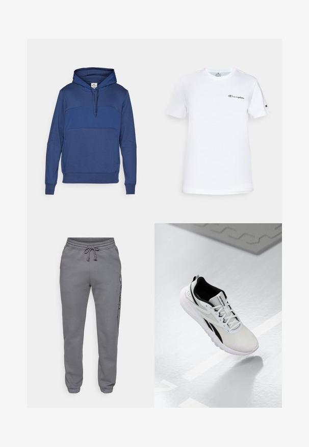 Marineblå trøje med hætte, lavet af blødt stof, med et kontrastfarvet blåt panel henover brystet, snor i hætten og ribbede mansjetter.; Hvid bomulds t-shirt med rund hals, korte ærmer og et sort broderet "Champion" logo på brystet og ærmeaccent.; Champion ICONS TONAL CUFF LARGE LOGO - Træningsbukser - foggy; Lys grå træningssko med sorte accenter, tekstureret mesh-overdel, polstret sål og snørelukning. Har en hæltrækklap.