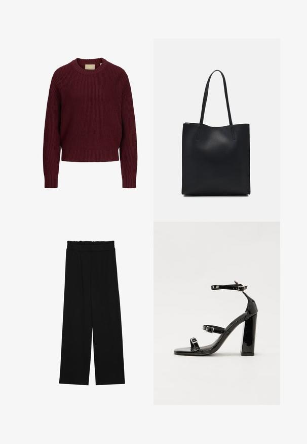 Μπλούζα πλεκτή σε μπορντώ χρώμα με στρογγυλή λαιμόκοψη και ριμπ μανσέτες και στρίφωμα. Διαθέτει άνετη γραμμή και υφή σε όλη την επιφάνεια.; Μαύρο παντελόνι με φαρδιά πόδια και ριχτό μέσο, που διαθέτει δύο πλαϊνές τσέπες και ύφασμα απαλό και ελαφρύ. Χωρίς ορατά μοτίβα ή μεταλλικά εξαρτήματα.; Μαύρες πατέντες σανδάλια με τακούνι, τετράγωνη μύτη, ιμάντες αστραγάλου και ασημένιες πόρπες. Διαθέτουν χοντρό μπλοκ τακούνι για σταθερότητα.; Μαύρη δερμάτινη τσάντα tote με λείο υφή, ορθογώνιο σχήμα και δύο μακριές λαβές. Χωρίς ορατό υλικό ή διακοσμητικά στοιχεία.