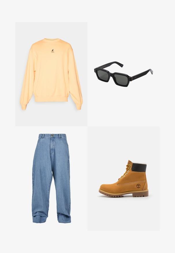 Lys orange genser, bomullsblanding, rund hals, ribbestrikkede mansjetter og nederkant, har liten svart logo på brystet, avslappet passform, myk tekstur.; Hvit polo skjorte laget av bomull. Har en klassisk krage, tre-knapps placket og korte ermer. Diskret logo brodert på brystet.; Lyseblå denimbukser med løs passform, knappesteng, frontlommer og oppbrettede ben, med et klassisk fem-lomme design.; Brune lær ankle boot med metaløyer, hvit pelsforing, svart polstret krage, robust såle og preget logo på siden.; svarte, firkantede solbriller med grå linser. Tykk plastinnfatning med gullakenter og merkevare på brillestangen. Glatt tekstur.