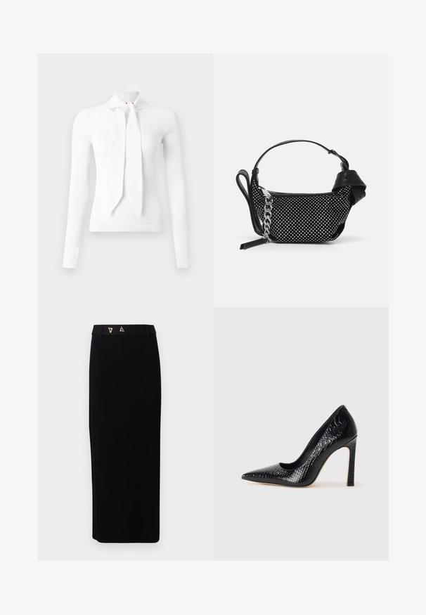 Top blanco de manga larga acanalado con un cuello alto y detalle de lazo en la parte delantera. Presenta un corte en forma de llave en el cuello y una textura suave.; AERON FORUM - Falda de tubo - black; Zapato de tacón alto negro con punta afilada y textura de piel de cocodrilo, que presenta un diseño elegante, un alto tacón de aguja y un interior negro suave.; Bolso de mano negro con adornos de tachuelas, una correa de cadena y un asa de cuero suave, con forma redondeada y compartimento con cremallera.