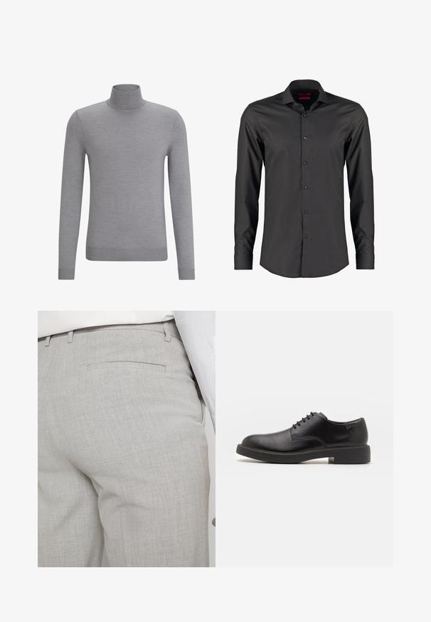 HUGO SAN THOMAS - Svetr - silver; Černá košile s dlouhým rukávem a slim fit střihem, vyrobená z hladké tkaniny. Obsahuje špičatý límec a šest knoflíků vpředu.; Světlounce šedé kalhoty na míru z texturované látky, s jednou zadní kapsou a čistým prošitím.; Černé kožené šněrovací boty s kulatou špičkou, hladkým povrchem, minimálním prošíváním a nízkým gumovým podpatkem. Logo na patě.