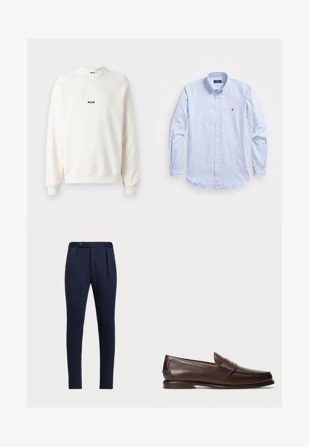 Cream-colored sweatshirt with a crew neckline, ribbed cuffs, and hem. Features a small black "MSGM" logo on the chest. Smooth texture.; Light blue and white striped button-up shirt with a classic collar, long sleeves, and a small embroidered logo on the chest.; Navy blue tailored pants with a flat front, two front pleats, and a single button closure, featuring a smooth, textured fabric.; Dark brown leather penny loafer with low heel, stitched moc toe, and strap detail across the upper, displayed against a white background.