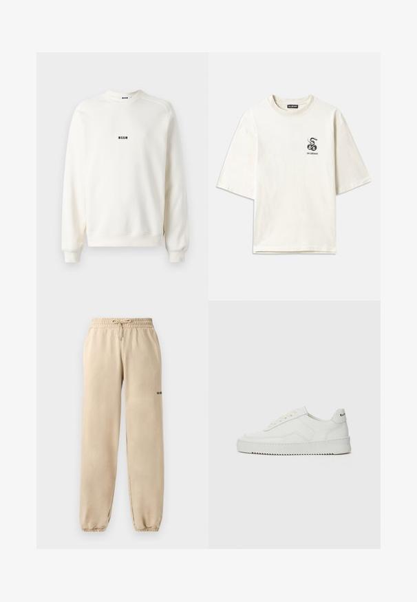 Cream-colored sweatshirt with a crew neckline, ribbed cuffs, and hem. Features a small black "MSGM" logo on the chest. Smooth texture.; Cream-colored oversized T-shirt made of cotton. Features short sleeves and a small black snake graphic on the left chest.; Beige sweatpants with an elastic waistband and drawstring, featuring a cuffed hem and minimal branding on the side. Smooth texture.; White leather sneaker with a smooth finish, round toe, flat laces, and a textured sole. Features a subtle logo on the heel.